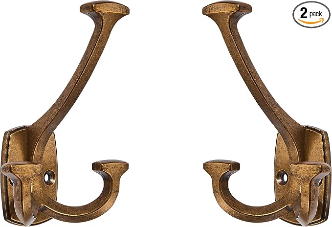 Large Wall Double-Sided Hook 2 Pack Antique Brass Hook Decorative Heavy Duty by ZAUYX