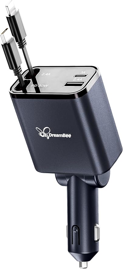 DreamBee Retractable Car Charger, custom-made modelRetractable Cables and 2 USB by PowerYourWorldWithDreamBee