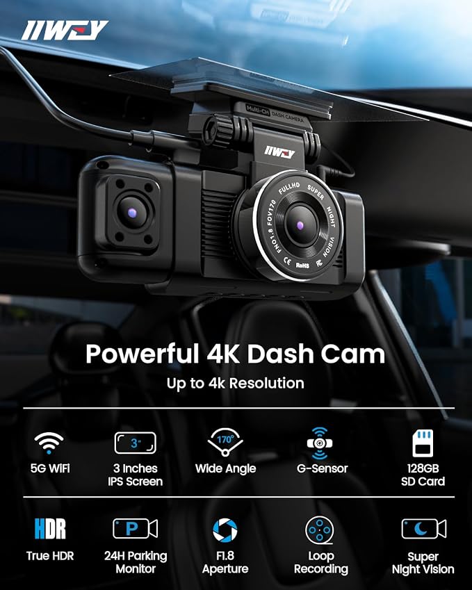 iiwey N7 3 Channel Dash Cam Front and Rear Inside 3K+1080P+1080P - Image 2