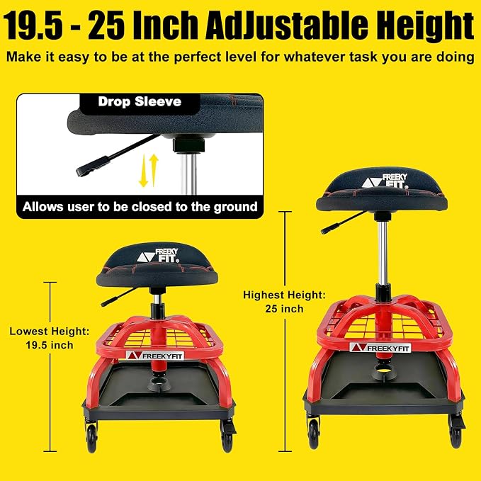 Rolling Shop Stool with Wheels, Garage Work Mechanic Stool with Backrest - Image 3