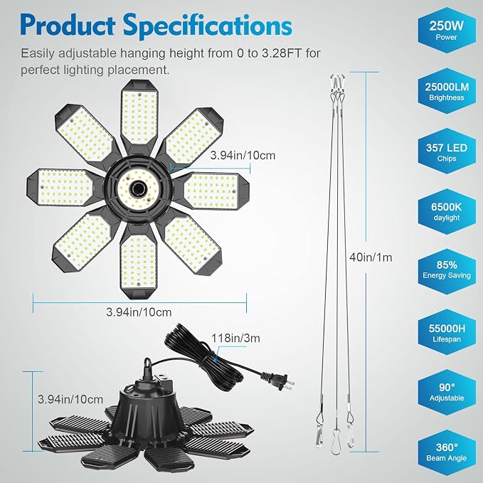 TANBABY Upgrade 250W LED Garage Lights Plug in 2 Pack, Total 50000LM Deformable - Image 6