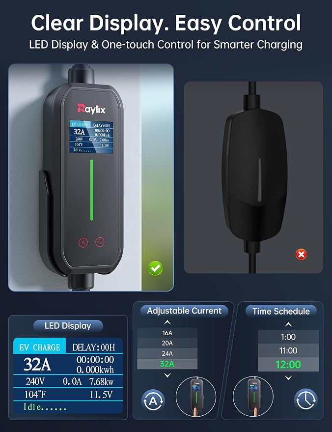 Raylix 32A Level 2 EV Charger, 240V 7.68kW Mobile Electric Car Charger - Image 4