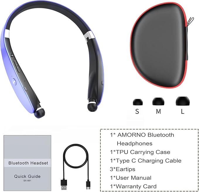 AMORNO Foldable Bluetooth Headphones Wireless Neckband Headset - Image 7