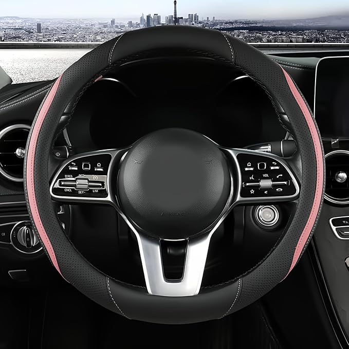 Car Steering Wheel Cover, Leather Steering Wheel Cover Pink Universal 14.5-15 by Szttswamp