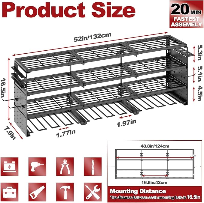 52" W Large Power Tool Organizer Wall Mount -12 Drill Holder - Image 2