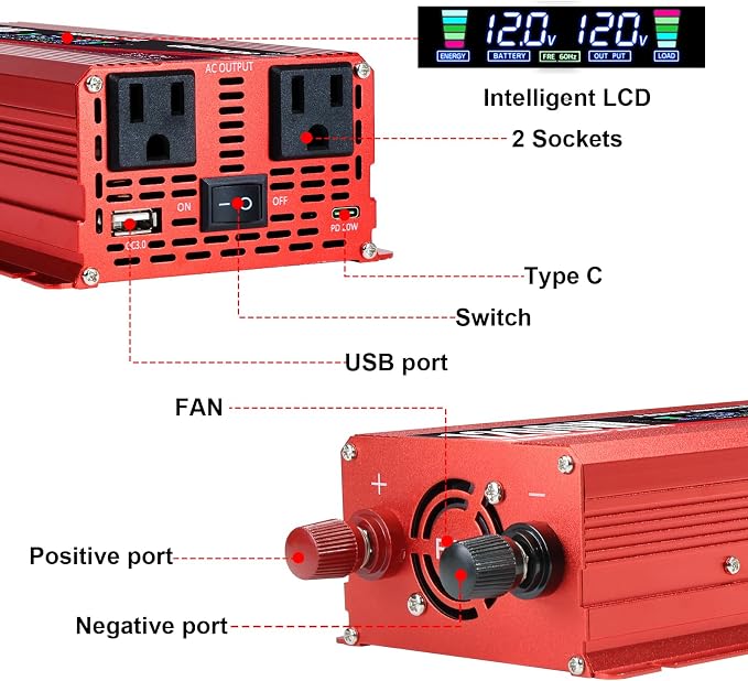 1200W/2400W Car Power Inverter DC 12V to 110V/120V AC Converter - Image 4