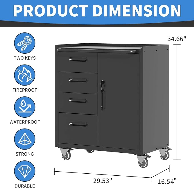 Metal Storage Cabinet with Wheels, Garage Cabinet with 1 Door and 4 Drawers - Image 3