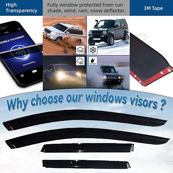 4pcs Front+Rear Smoke Sun/Rain Guard Outside Mount Tape-On Window Visors - Image 2