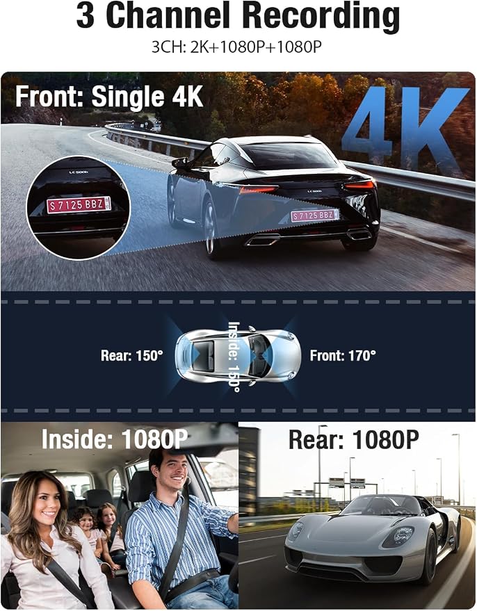 OMBAR Dash Cam 5G WiFi GPS, 3 Channel Dash Cam Front and Rear Inside - Image 2