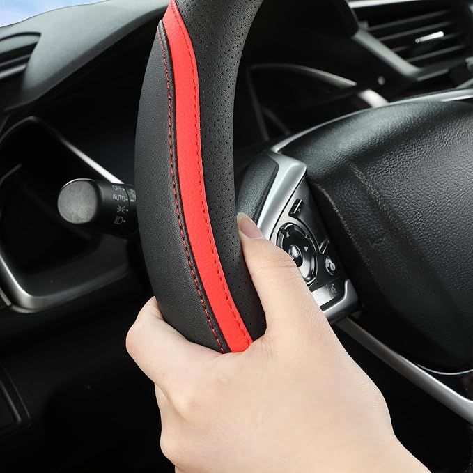 Car Steering Wheel Cover, Leather Steering Wheel Cover Red Universal 14.5-15 - Image 4