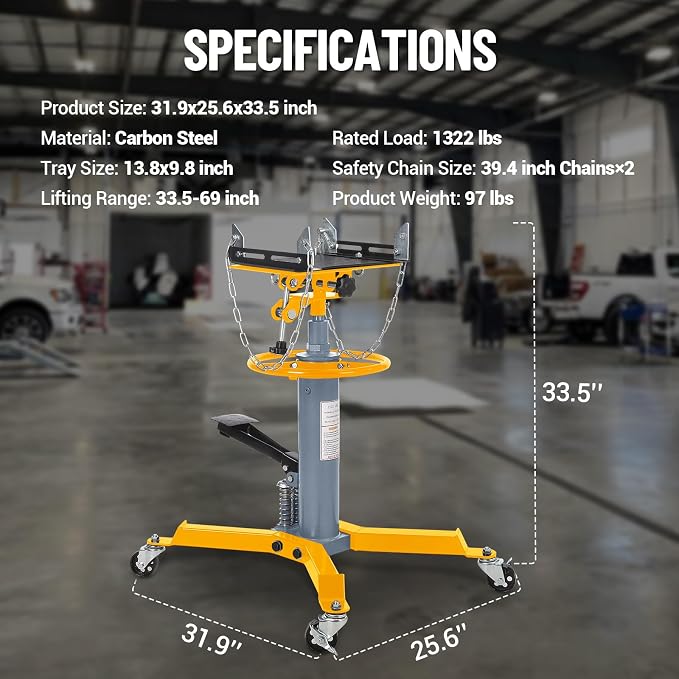 Dual Plunger Hydraulic Transmission Jack 1322lbs Capacity, 33.5"-69" High Lift - Image 7