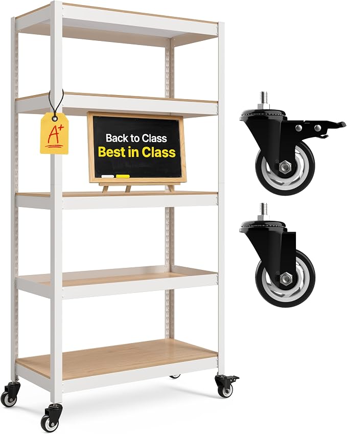 HOMEDANT House White 5-Tier Metal Rolling Cart Shelf Rack Casters Heavy Duty by TheBestOrganizingSolution
