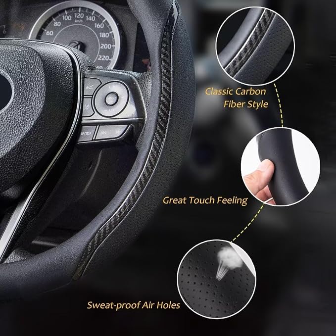Steering Wheel Cover Black, Carbon Fiber Car Steering Wheel Covers - Image 3