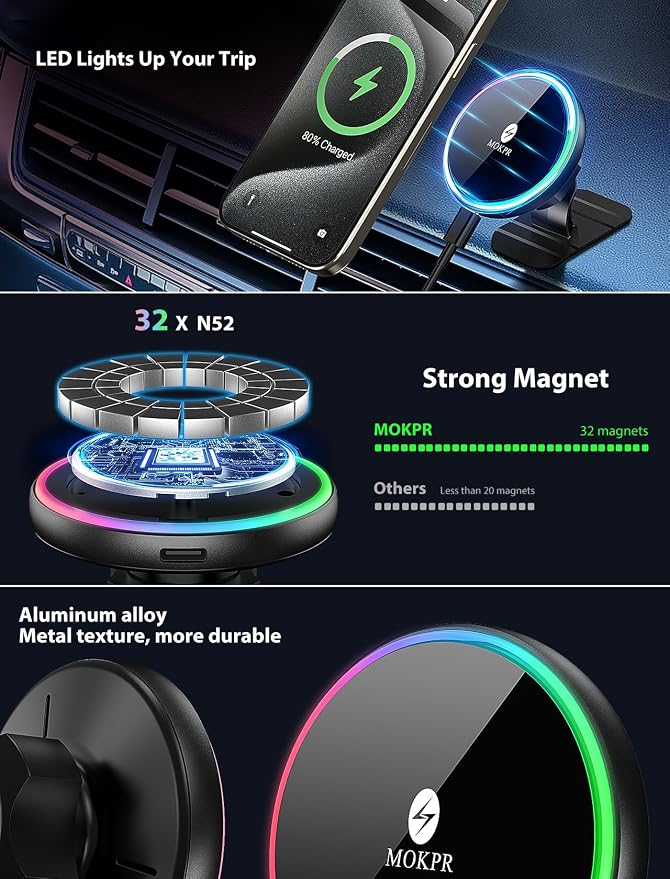 MOKPR for Magsafe Car Mount Charger-15W Wireless Car Charger-Magnetic Car Phone - Image 7