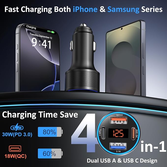 USB C Car Charger, 4-Port 65W Dual 12V USB-A & USB-C Car Phone Charger - Image 2