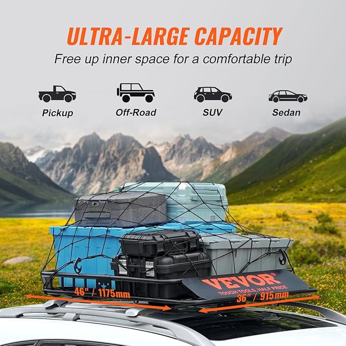 VEVOR Roof Rack Cargo Basket, Heavy-Duty 200 LBS Capacity Universal Roof Rack - Image 3