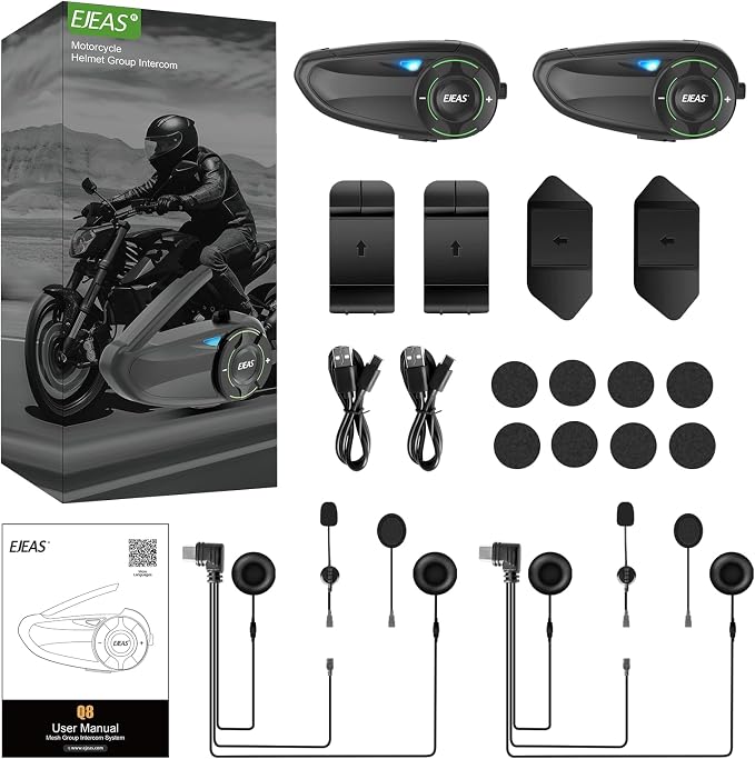 EJEAS Q8 2PC Motorcycle Bluetooth Headset, Upgraded Mesh 3.0 Intercom System - Image 7