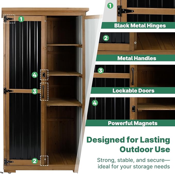 Outdoor Storage Cabinet Wood & Metal, Tall Tool Shed - Image 6