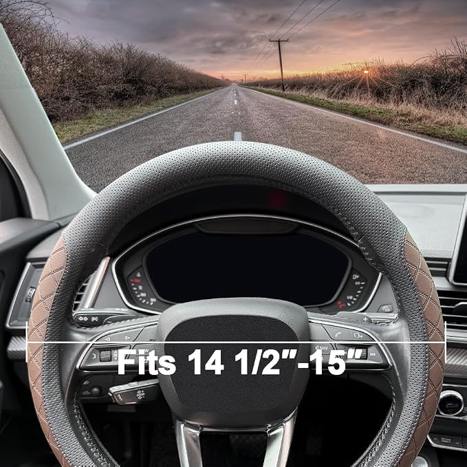 LKWLIKEI Nappa Leather Steering Wheel Cover, Elegant Diamond Checkered Design - Image 4