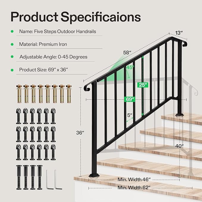 VIVOSUN Outdoor Handrail, 5 Step Stair Handrail, Wrought Mattle Iron Stair - Image 2