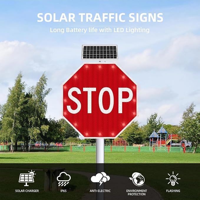 30" Solar Stop Sign Solar Powered LED Blinking Reflective Street Traffic - Image 4