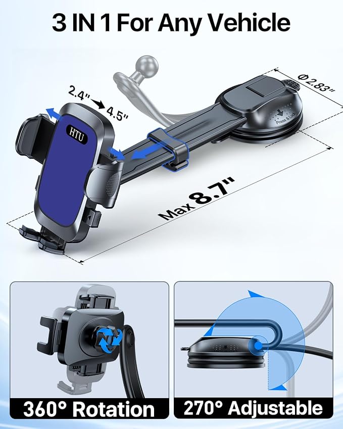 HTU Upgraded Strongest Suction Car Phone Holder Bendable Arm, Never Block View - Image 7