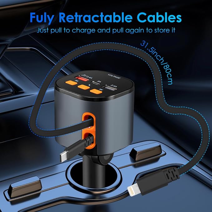 Retractable Car Charger, 5 in 1 Fast Car Phone Charger 90W, Handsfree Call - Image 6