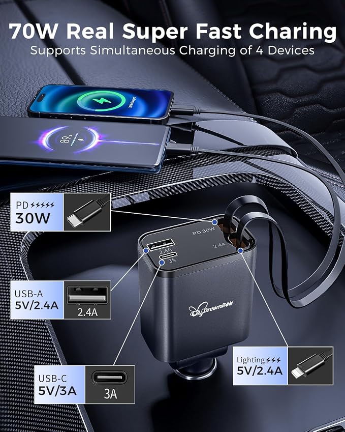 DreamBee Retractable Car Charger, custom-made modelRetractable Cables and 2 USB - Image 4