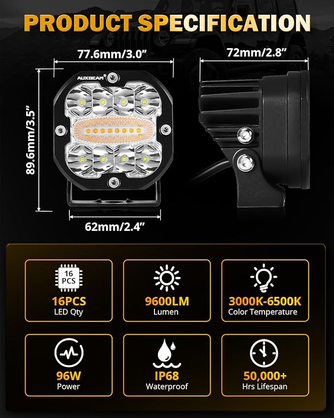 Auxbeam 3 Inch 96W Amber White LED Light Pods XP-Ultra Series 6 Modes Dual - Image 5