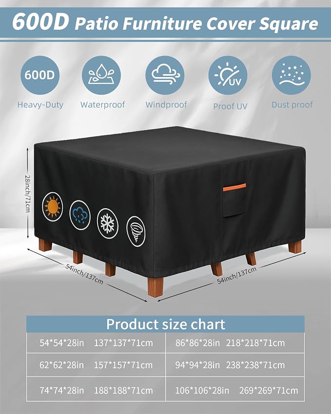 Outdoor Waterproof Furniture Cover, 54W x 54L x 28H inches Heavy Duty 600D - Image 3