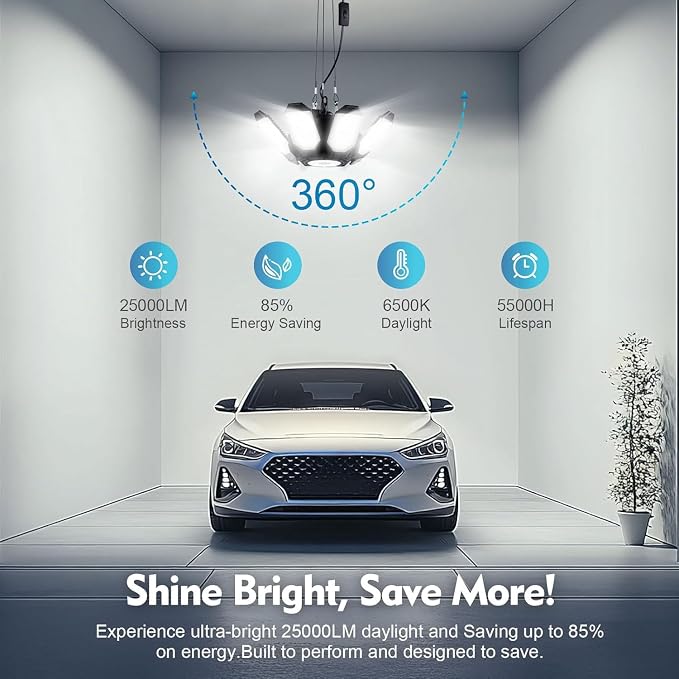 TANBABY Upgrade 250W LED Garage Lights Plug in 2 Pack, Total 50000LM Deformable - Image 4