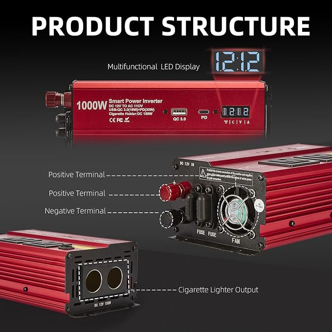 TWING Car 1000w Inverter, 12v DC to 110v Power Inverters - Image 8