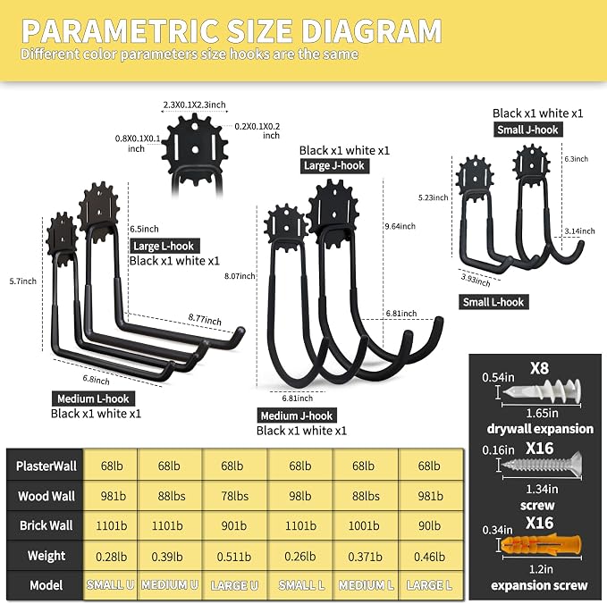 Garage Hooks Black & White 12 Pack, Heavy Duty Steel Tool Storage Utility Hook - Image 2