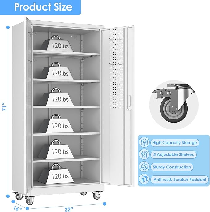Garage Storage Cabinet with Pegboard and 5 Adjustable Shelves, Tool Storage - Image 3