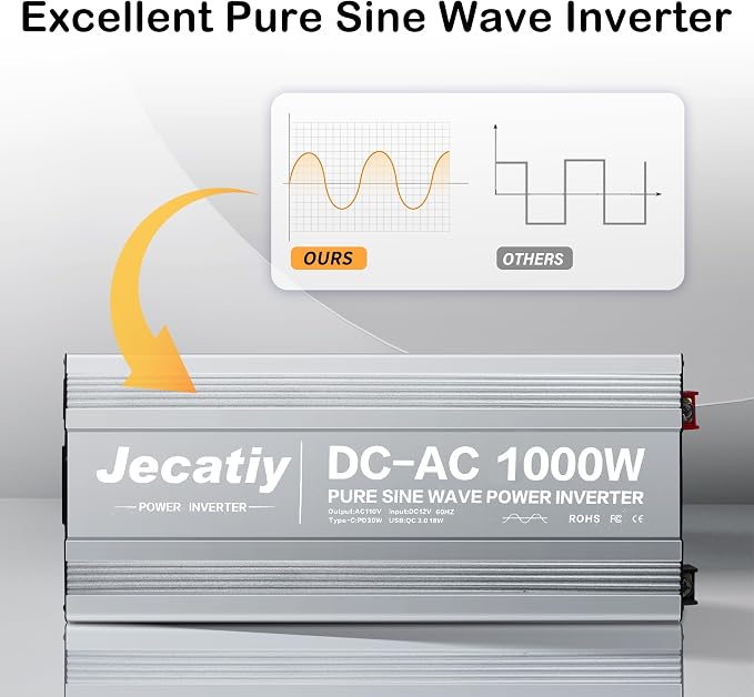2AC 1000W Pure Sine Wave Inverter, Convert DC 12V to AC 110V 120V, 18W USB - Image 3