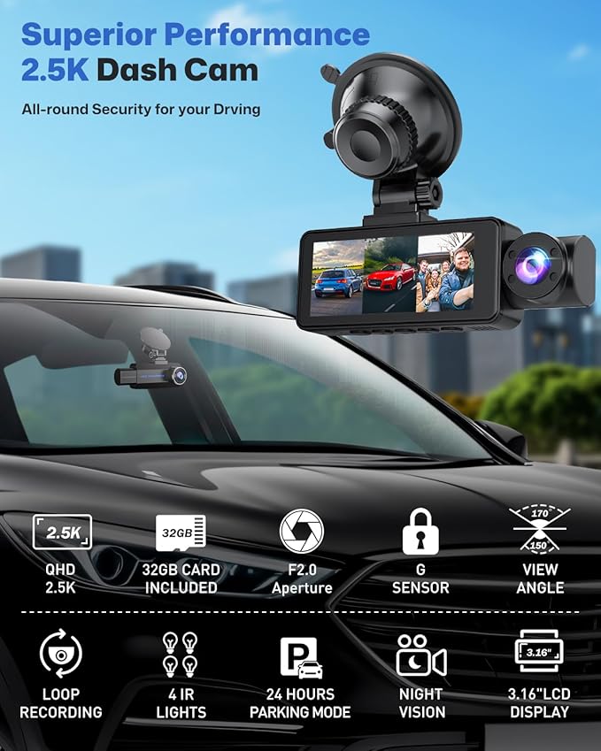 Dash Cam Front and Rear 2.5K/1440P, 3 Channel Dash Camera - Image 3