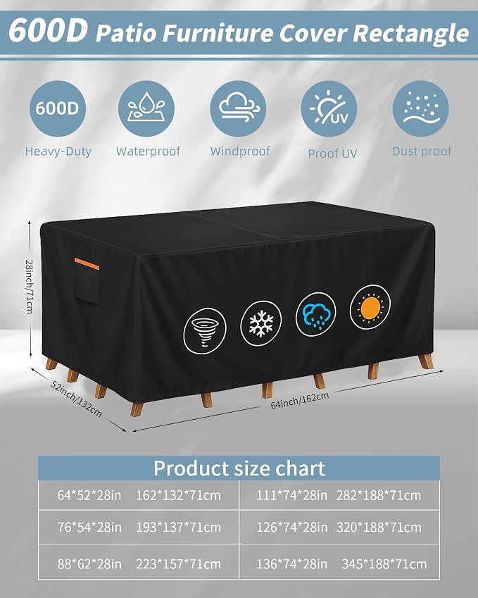 Outdoor Waterproof Furniture Cover, 64W x 52L x 28H inches Heavy Duty 600D - Image 3