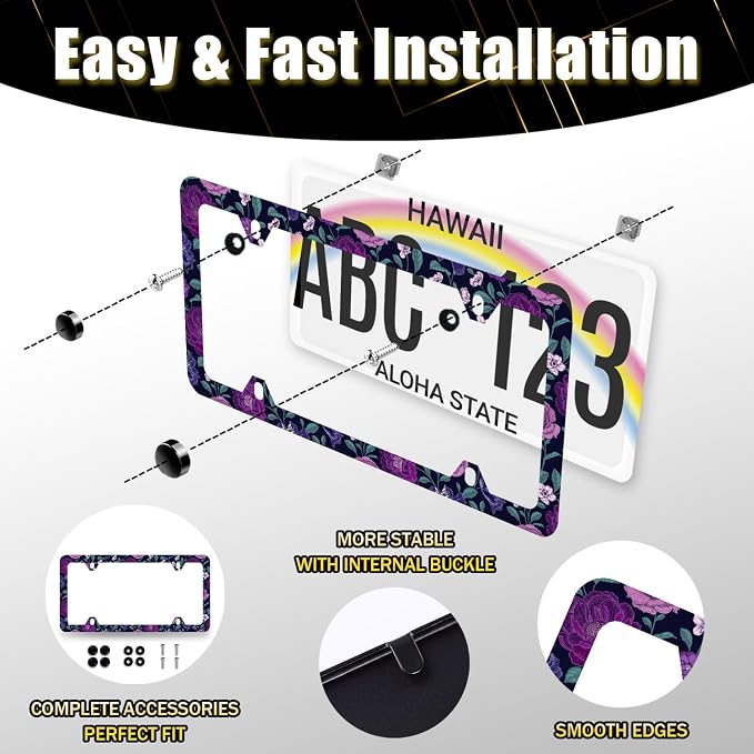 Purple Floral Flowers License Plate Frame Roses Peonies Colorful License Plate - Image 4