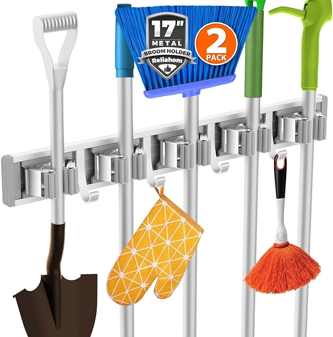 2 Pack Broom Holder Wall Mount Mop and Broom Hanger Wall Mounted Garage Storage by reliahom