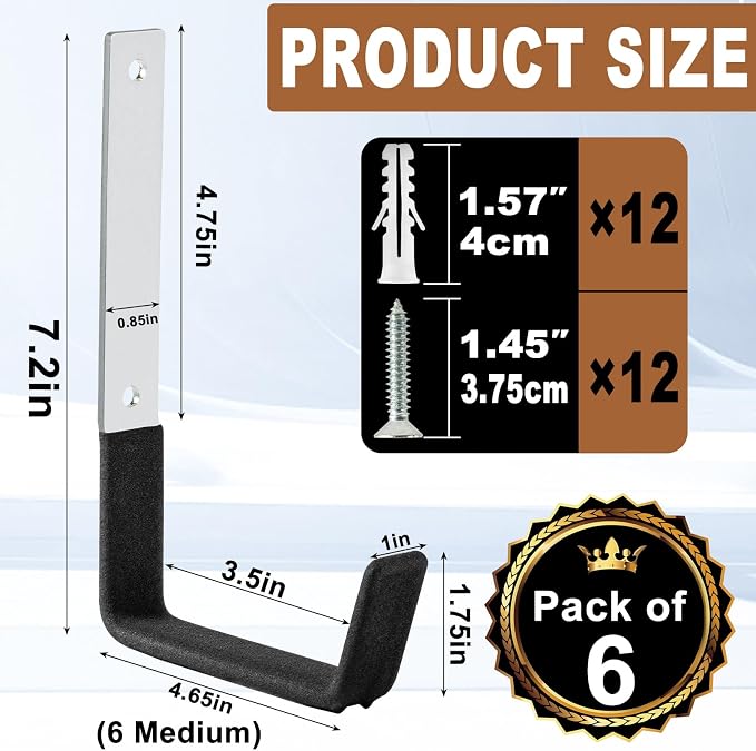 Heavy Duty Utility Hooks, 6 Pack Steel Wall Mounts - Image 2