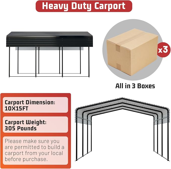 Metal Carport 10 x 15 FT with Heavy Duty Frame & Galvanized Steel Roof - Image 7