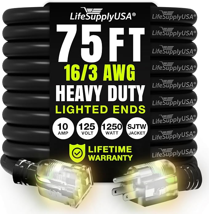 75ft Outdoor/Indoor Extension Cord 16/3 Gauge Heavy Duty 3 Prong SJTW, by LifeSupplyUSA