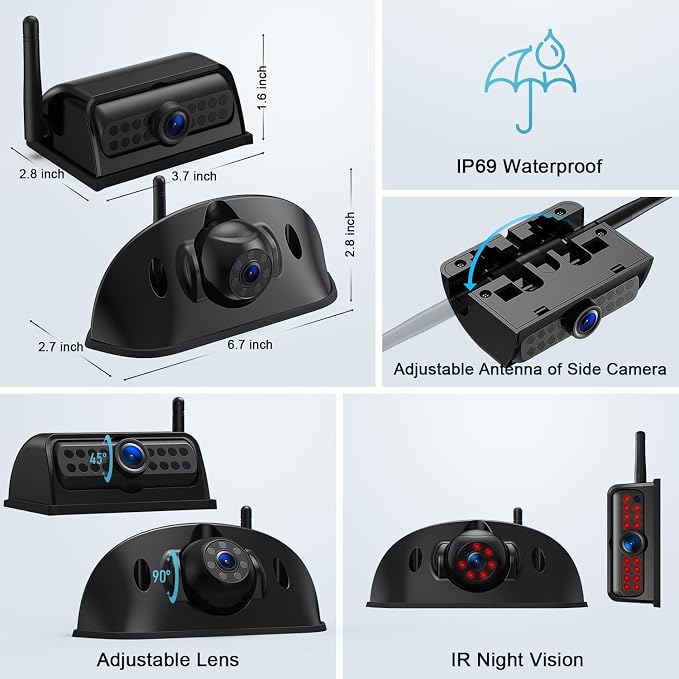 Fookoo HD Wireless RV Backup Cameras System, 1 Rear View + 2 Side Cameras - Image 5