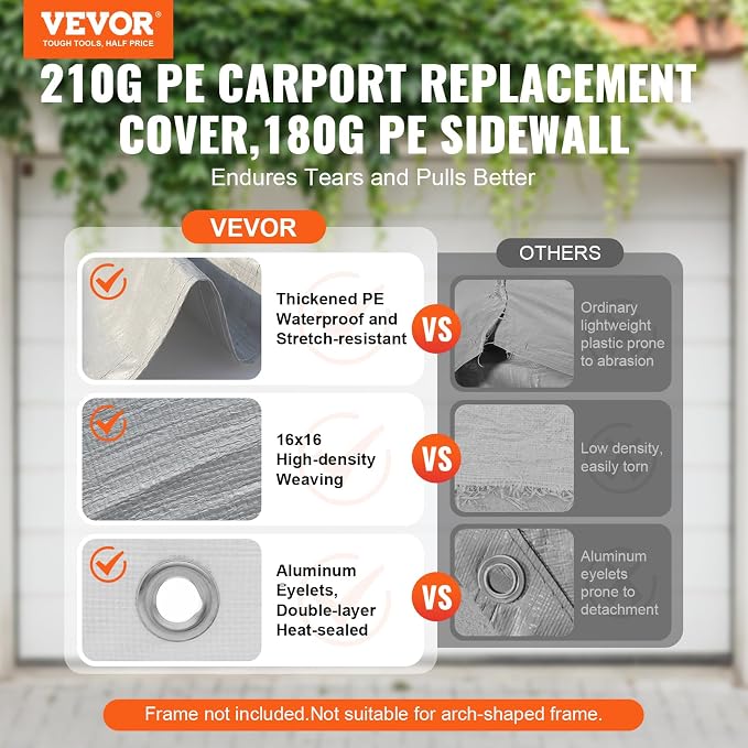 VEVOR Carport Replacement Canopy Cover Top + Side Wall 10 x 20 ft, Garage Tent - Image 2