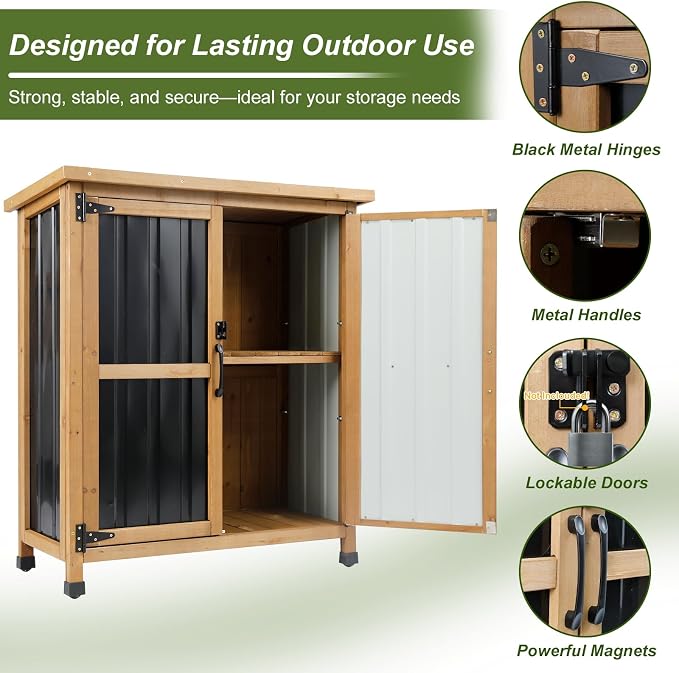 Outdoor Storage Cabinet Wood & Metal Small Storage Shed Waterproof Roof - Image 6