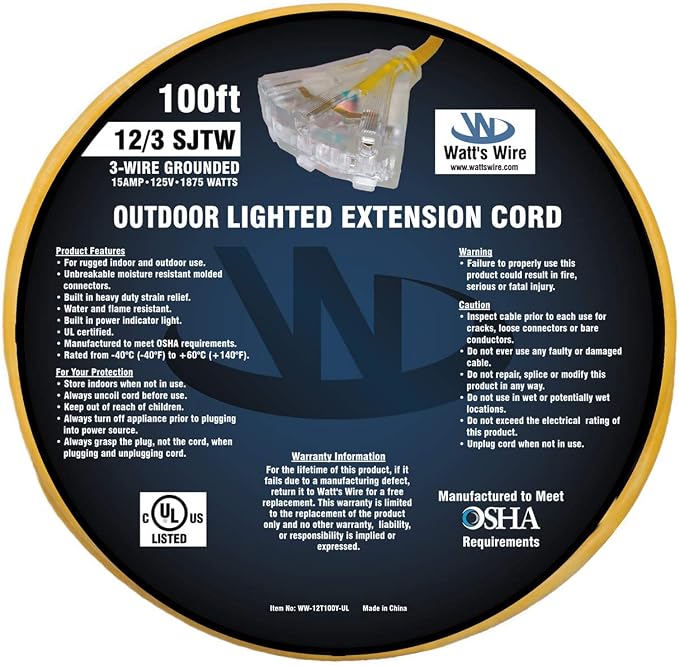 100 ft - 12 Gauge Heavy Duty Extension Cord - 3 Outlet Lighted SJTW - - Image 6