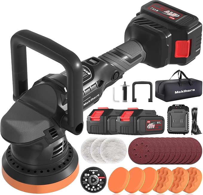 Cordless Buffer Polisher, 5 Inch Random Orbital Car Polisher Waxer, 6 Variable by Makihara