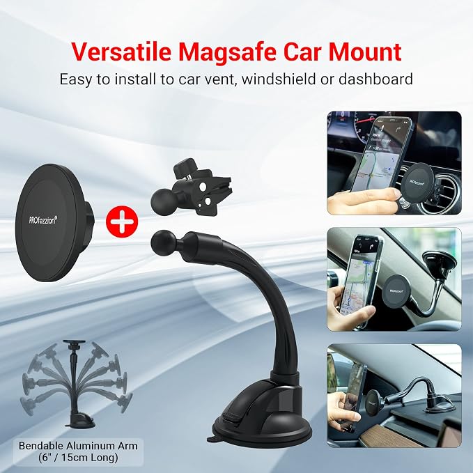 PROfezzion Suction Cup & Vent Clip Combo Magnetic Phone Holder Compatible - Image 3
