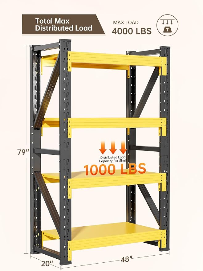 4-Tier Storage Shelves, Adjustable Industrial Metal Shelf System, 000lbs - Image 3