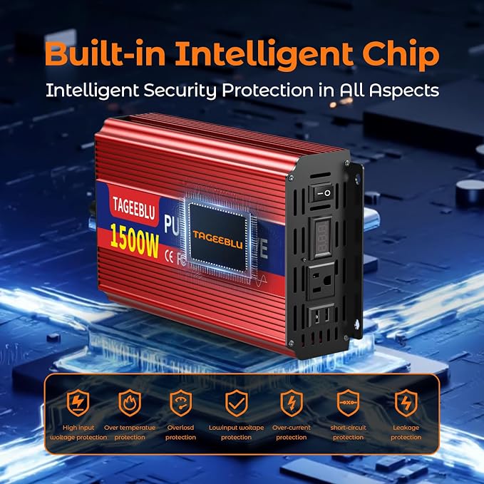 1500W Pure Sine Wave Inverter, 12V DC to 110V/120V AC Power Inverter - Image 4